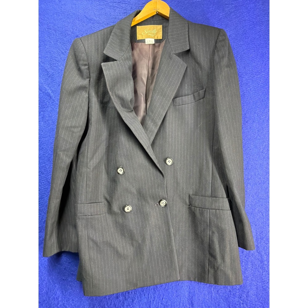 [Dark Academia] Womens Saville Pinstripe Wool Double Breasted Blazer 8 Navy Blue